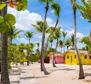 Bunte Strandhäuser unter Palmen an einem sonnigen Sandweg in der Dominikanischen Republik bei blauem Himmel.