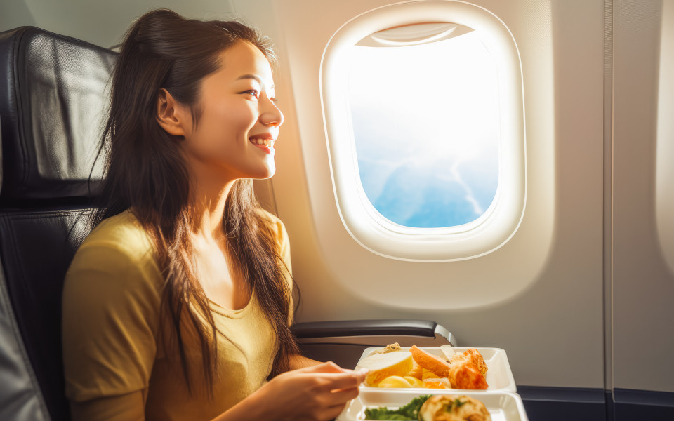 Eine Frau sitzt entspannt im Flugzeug, genie&szlig;t ihre Mahlzeit und schaut l&auml;chelnd aus dem Fenster, w&auml;hrend die Sonne hell hereinscheint.